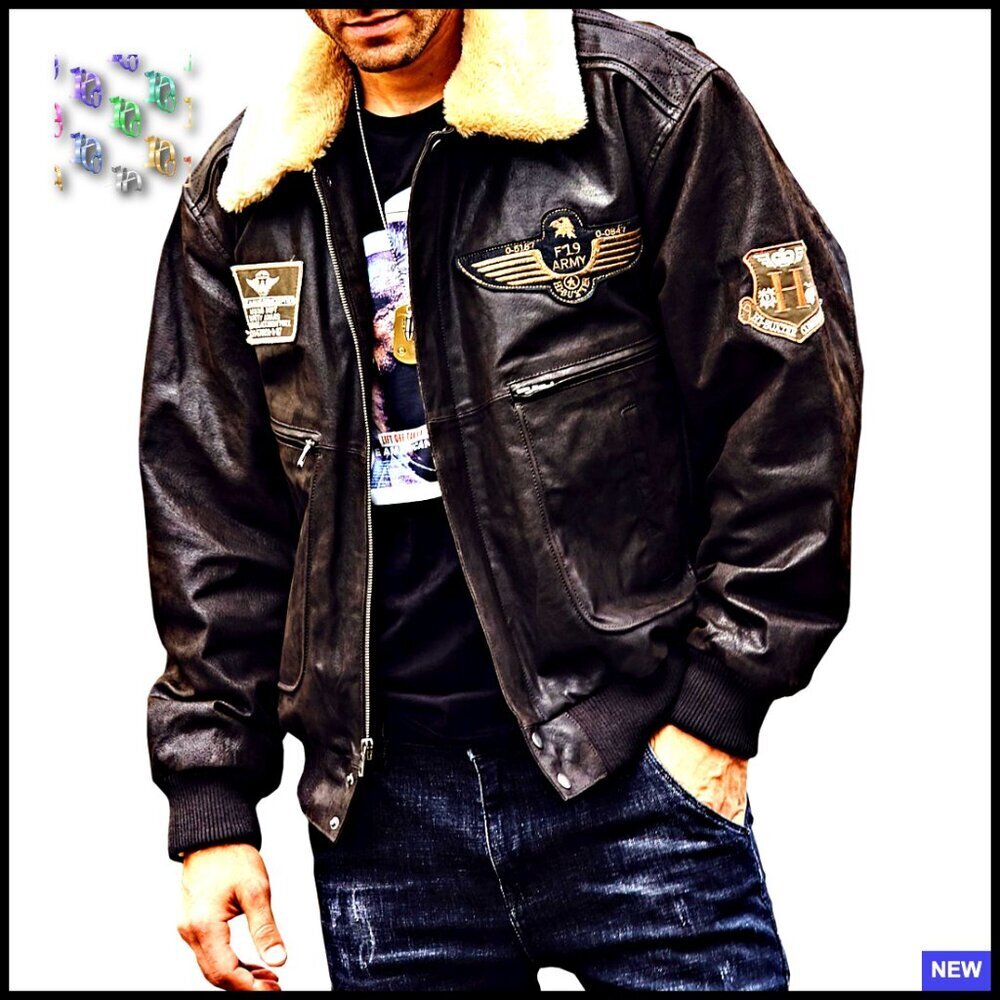Men's Genuine Leather Bomber Jacket with Removable Fur Collar Aviator Style